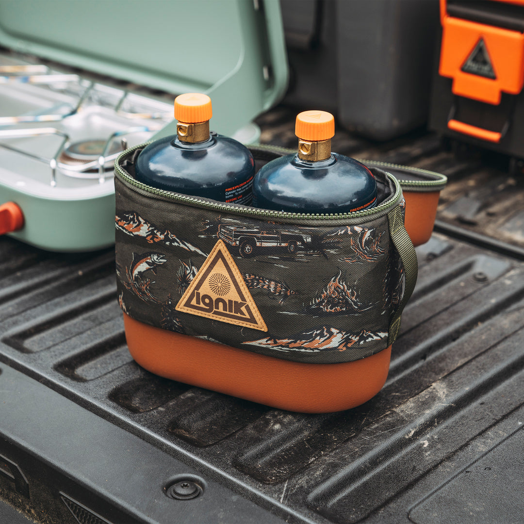 Wildlife print propane bottle case in back of truck open