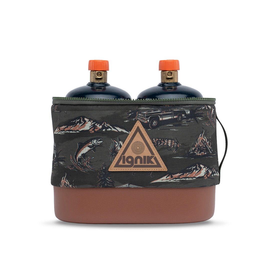 Wildlife print propane bottle case open showing bottles